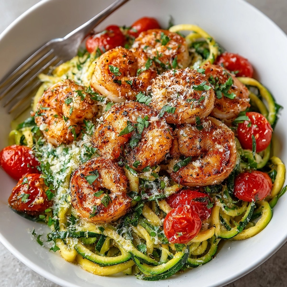 Lemon Garlic Shrimp and Zucchini Noodles plated with bright cherry tomatoes and fresh herbs.