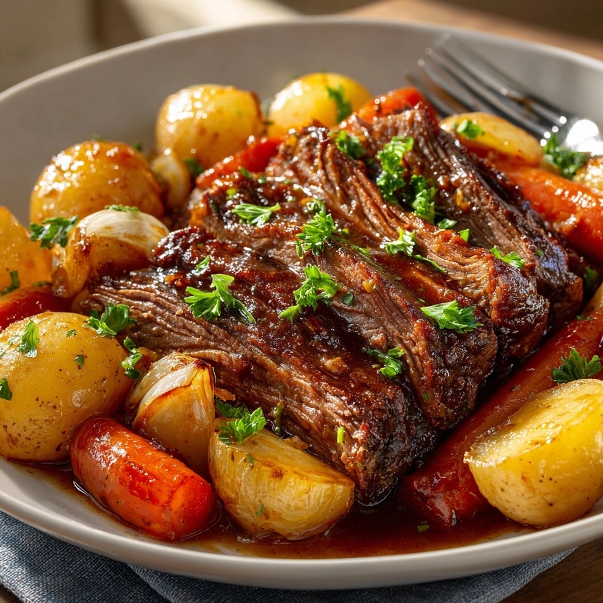 Classic Beef Pot Roast with Root Vegetables sliced and served with rich brown gravy and parsley garnish.