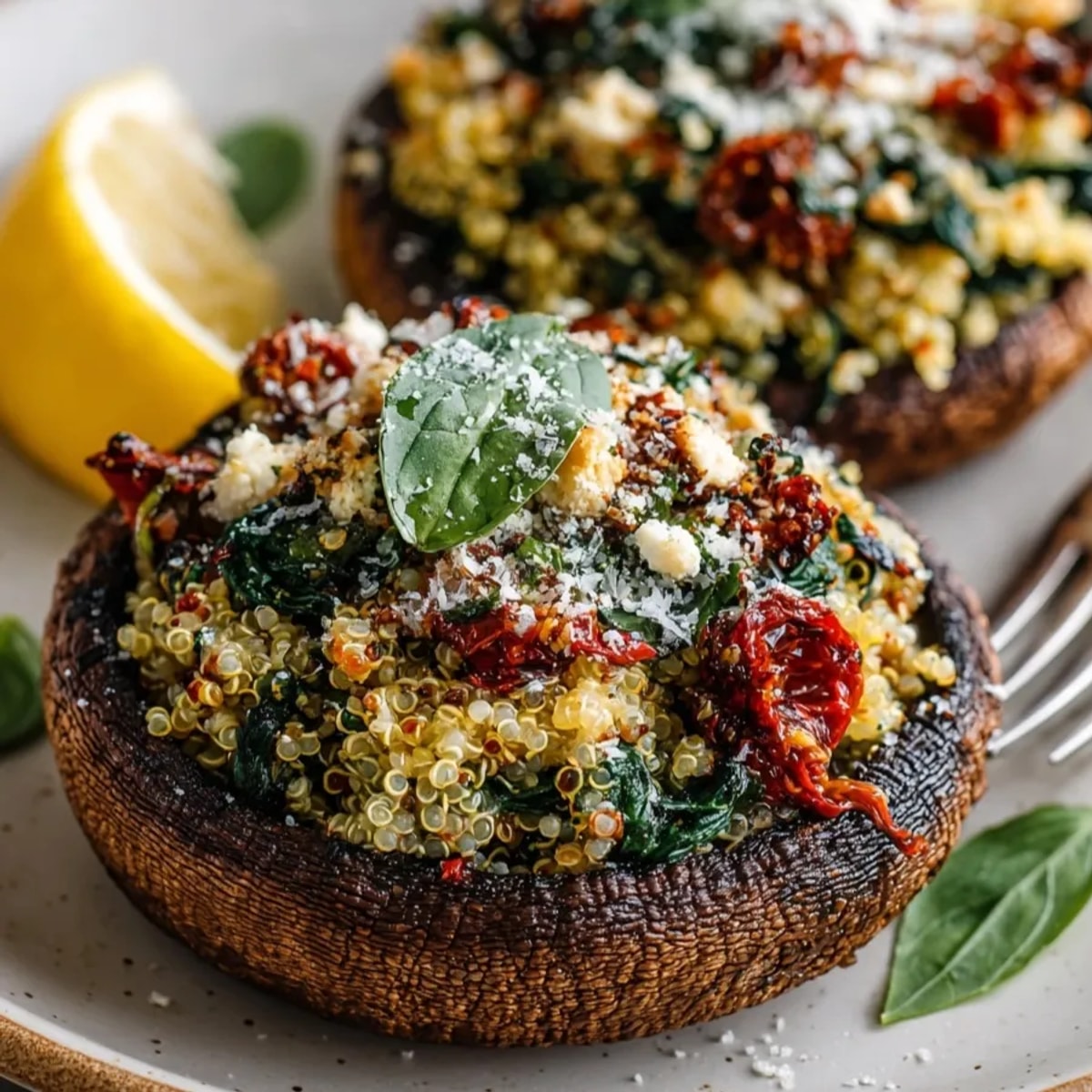 Mediterranean Stuffed Portobello Mushrooms filled with quinoa, feta, and vibrant vegetables, freshly baked and garnished.