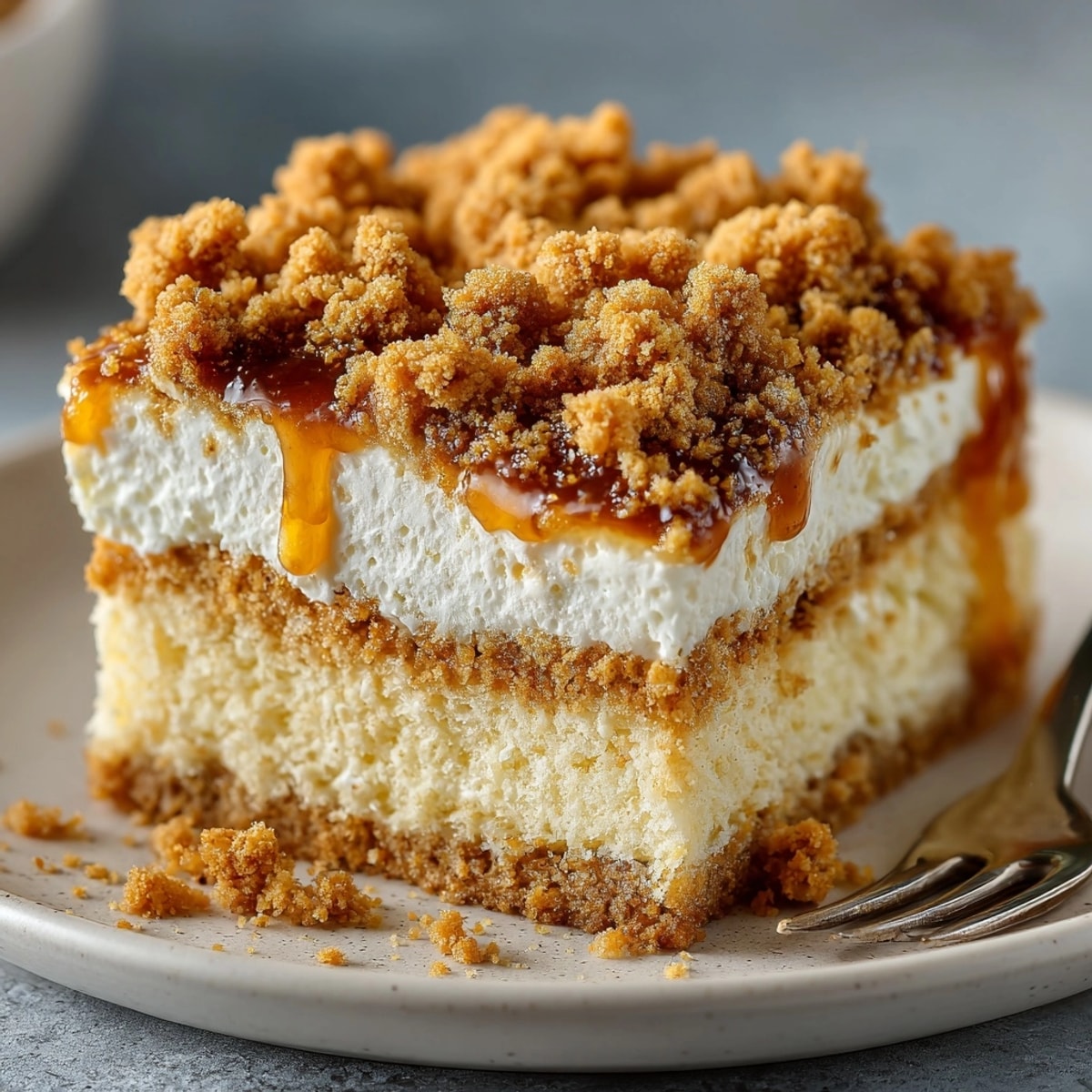 Warm gingerbread cookie crumble topping a Silly Cake Gingerbread Cookie Crumble Bar, ready for dessert.