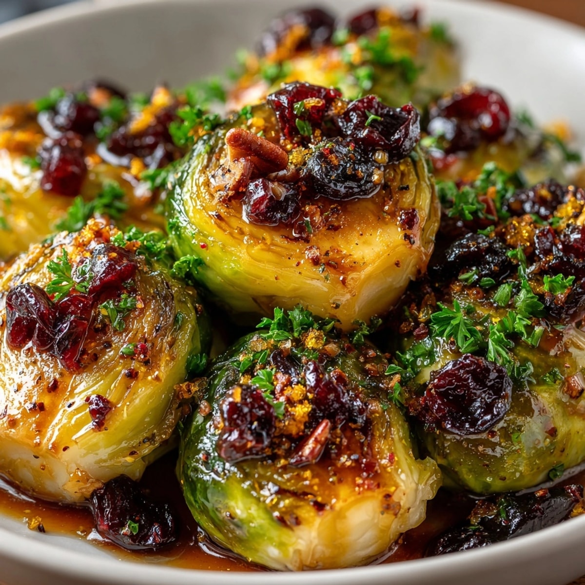 Vibrant image of glistening Cherry-Coded Cranberry-Glazed Brussels Sprouts, bursting with a holiday flavor profile.