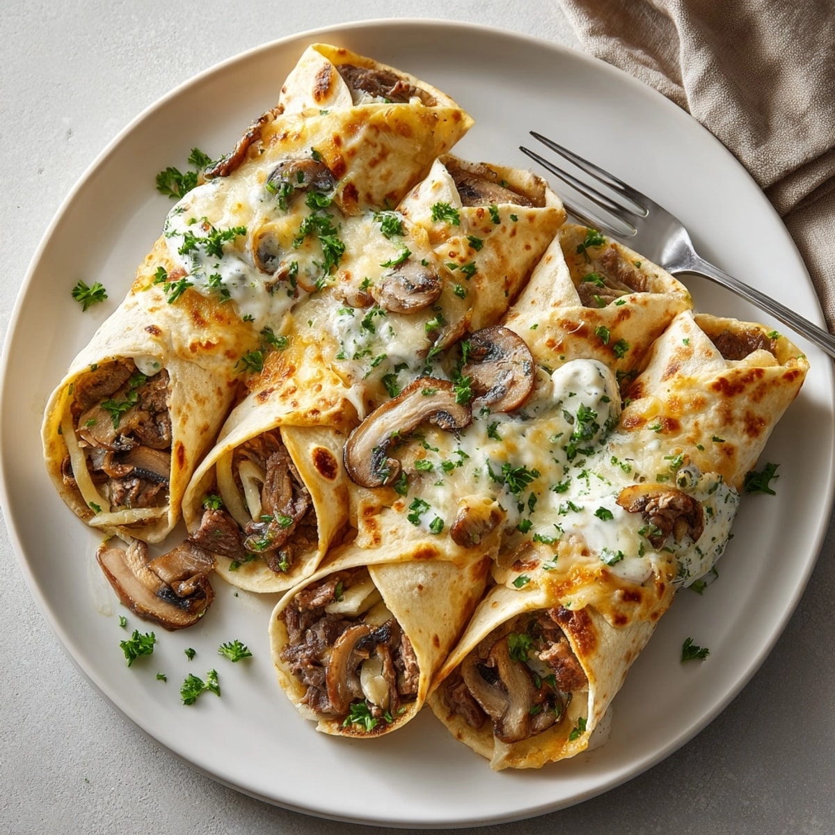 Homemade Budget Beef Stroganoff Comfort Wraps, ready to eat with a warm, inviting mushroom and beef sauce.