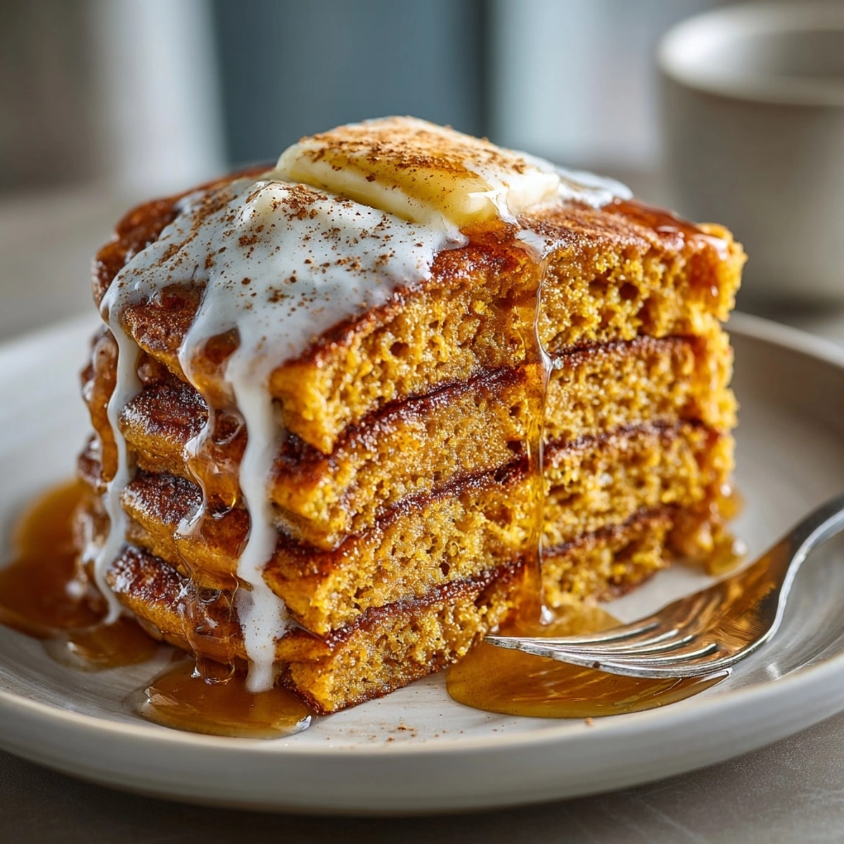 A stack of delicious Pumpkin Spice Pancakes with maple butter, ready for a warm, comforting breakfast.