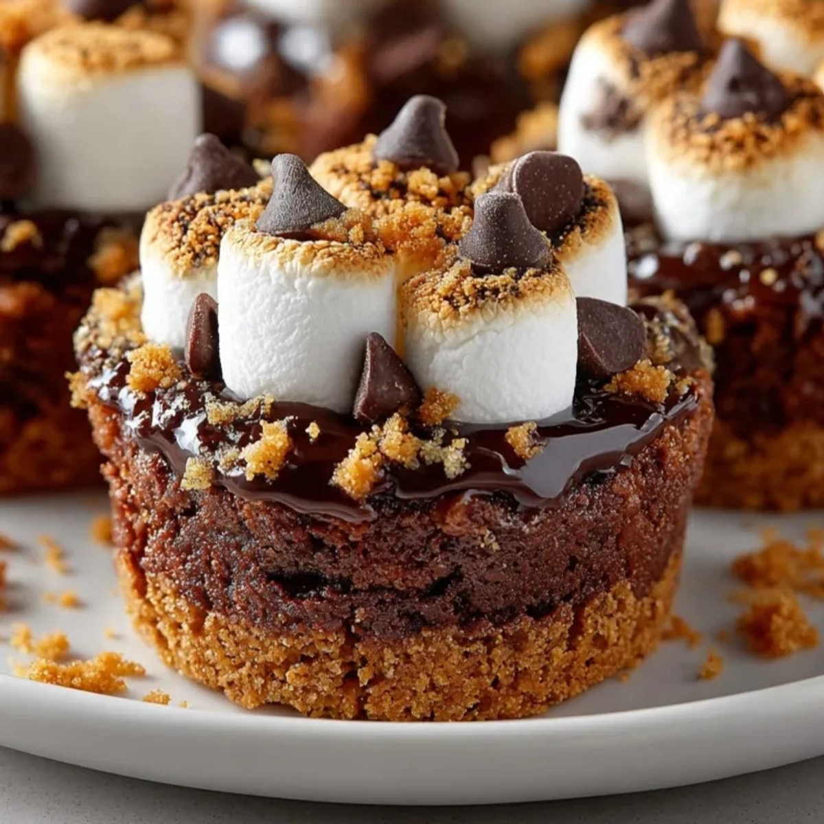 Close-up of S'mores Brownie Bites with toasted marshmallow tops, gooey and golden brown.