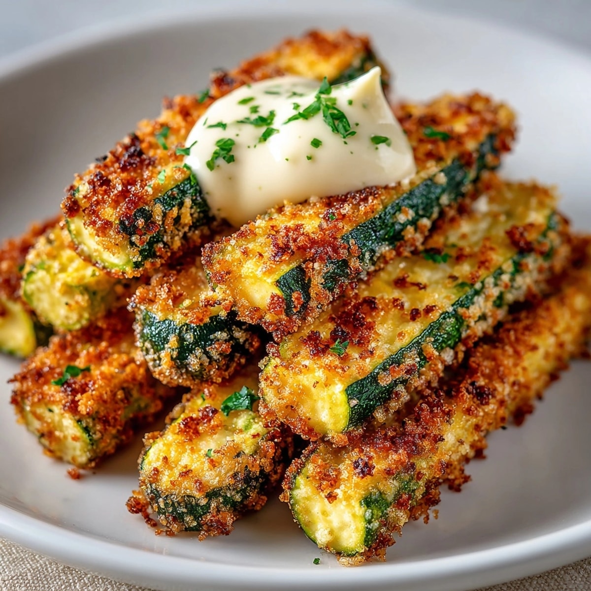 Crispy Zucchini Fries with Garlic Aioli served golden brown on a rustic platter, ready for dipping.
