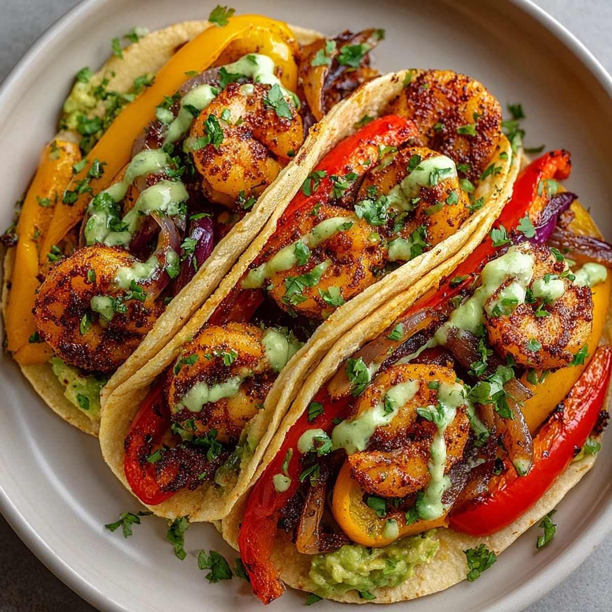 Sheet Pan Shrimp Tacos with Avocado Crema served on warm corn tortillas, garnished with cilantro.
