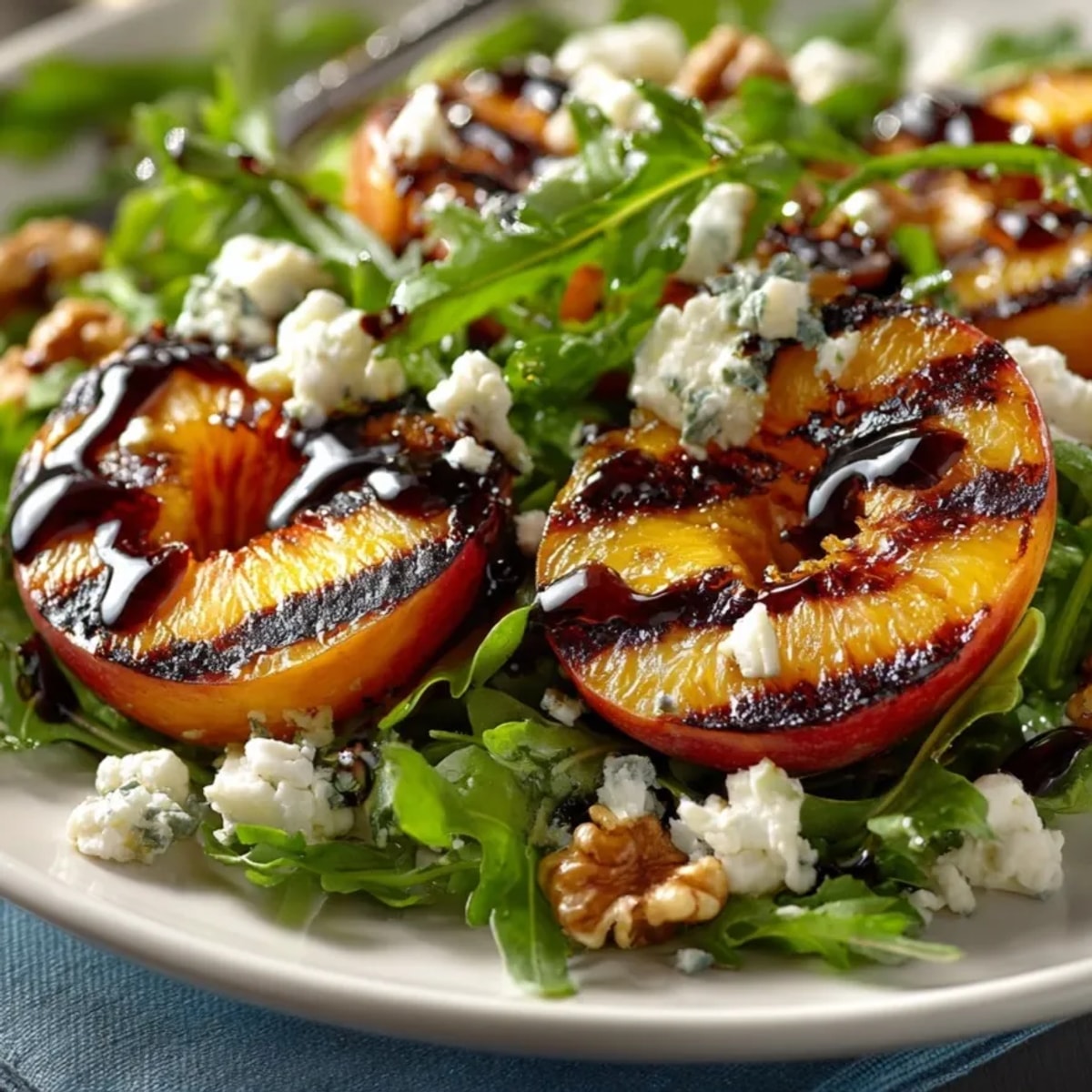Grilled Peach Salad with Feta and Balsamic Glaze served on fresh arugula, drizzled for summer.