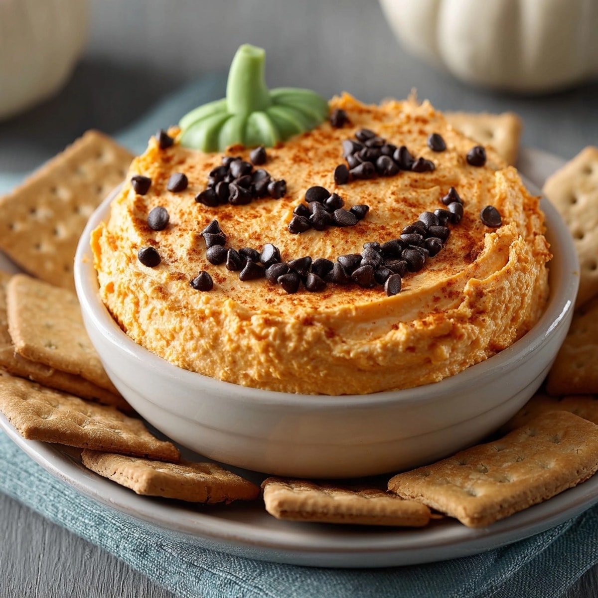 Festive Jack-o'-Lantern Cheesecake Dip served with graham crackers, a sweet, spiced dessert.