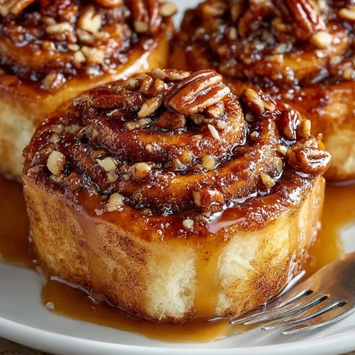 Warm, soft Maple Pecan Sticky Buns, topped with a sweet maple-pecan caramel.