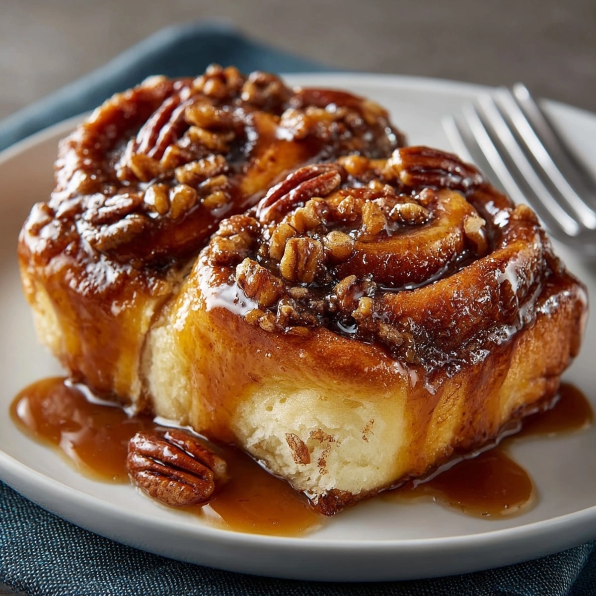 Close-up of delicious homemade Maple Pecan Sticky Buns, perfect for holiday brunch.