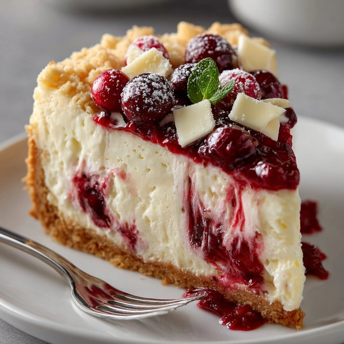 Decadent White Chocolate Cranberry Cheesecake, swirled cranberries and creamy filling, before chilling.