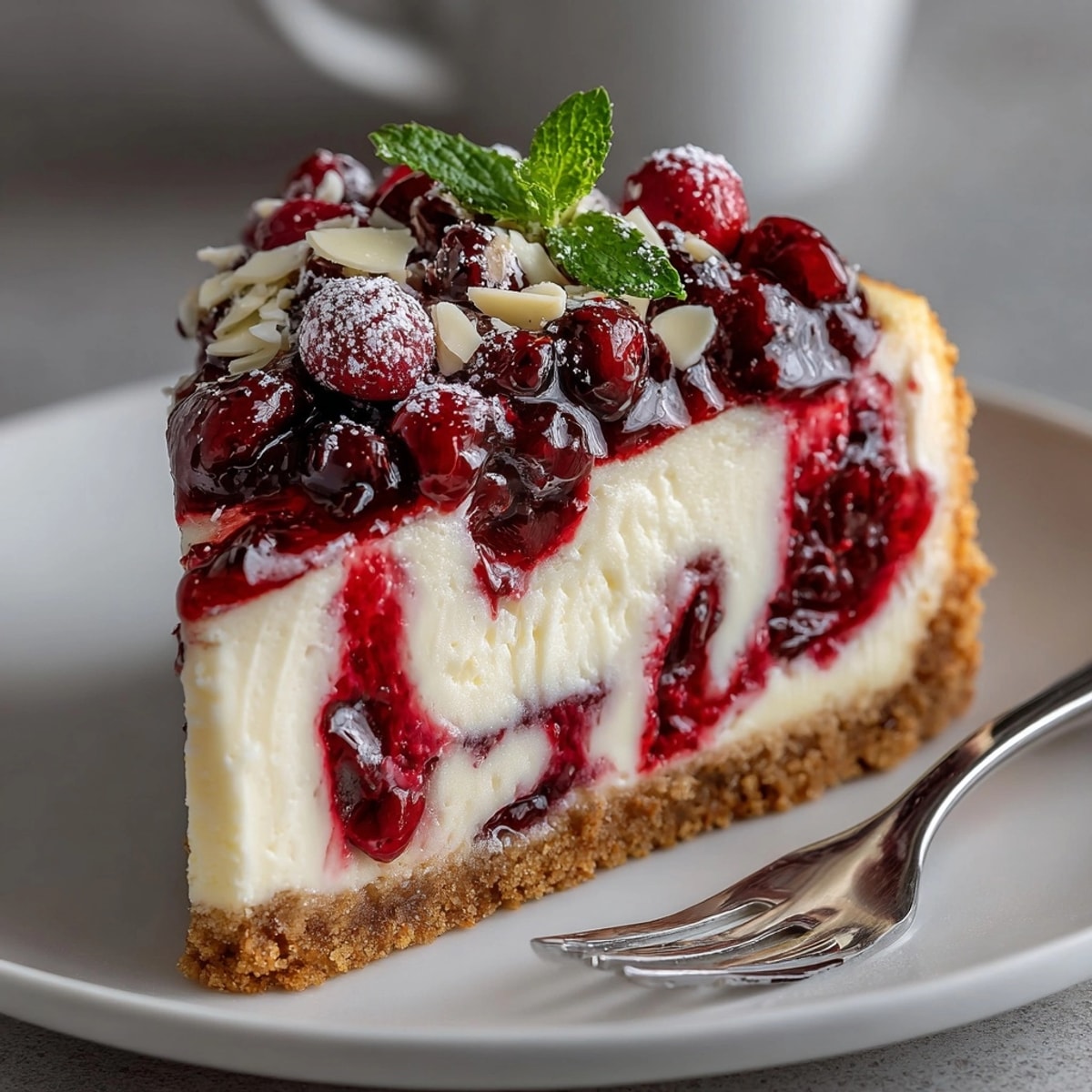 Tangy homemade White Chocolate Cranberry Cheesecake; buttery crust glistens, a dessert centerpiece.