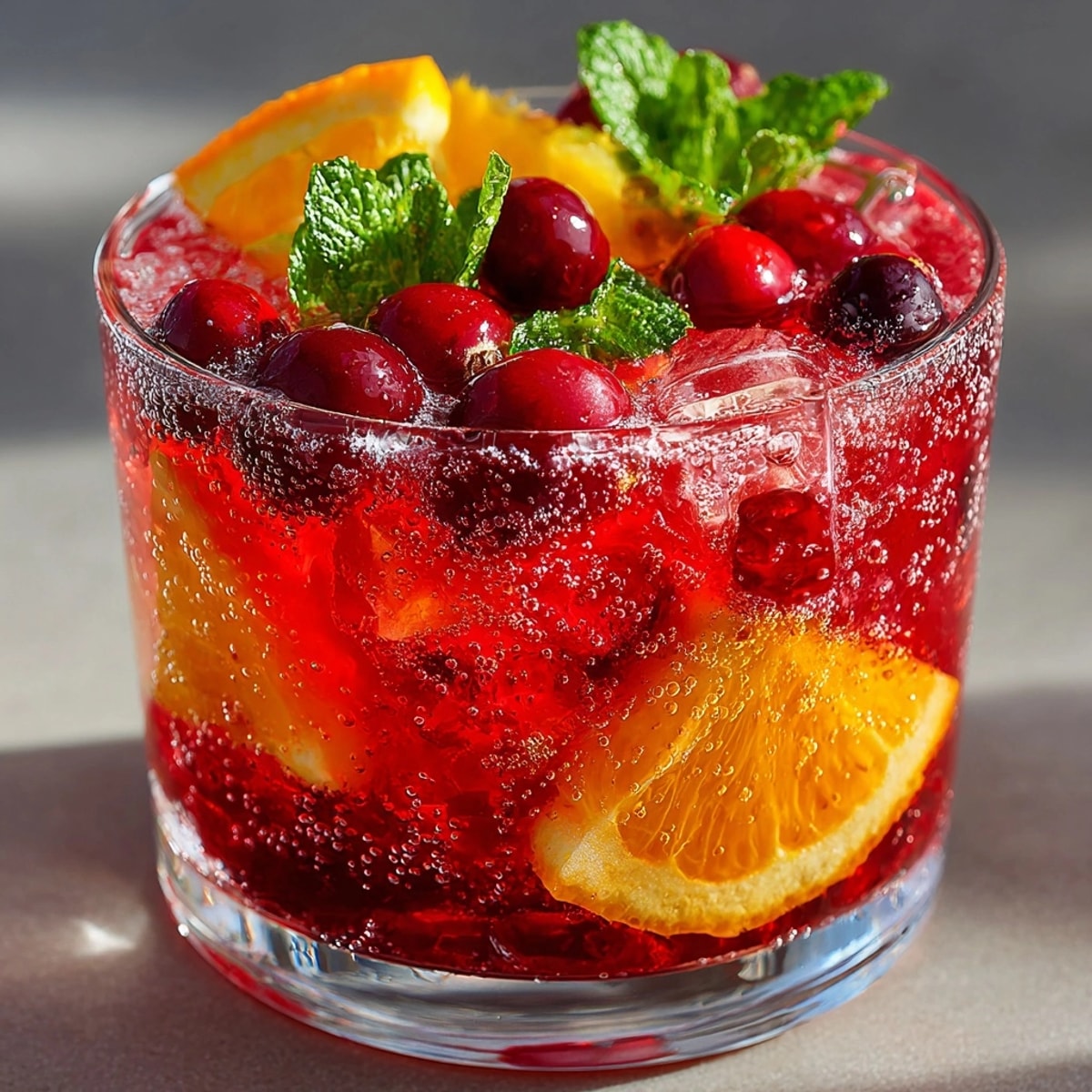 Festive Sparkling Cranberry Orange Punch in a glass bowl, garnished with cranberries and mint.