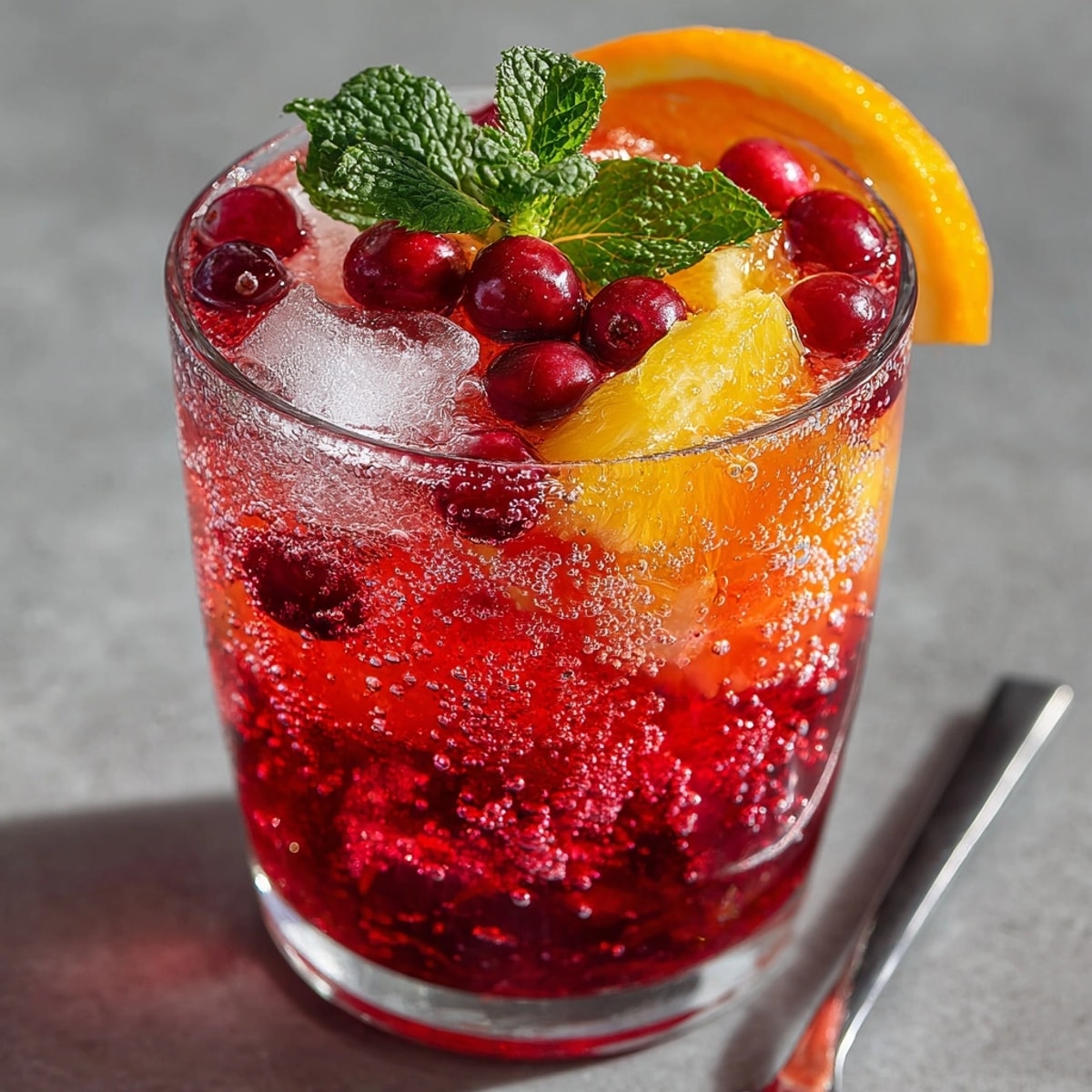 Close-up of chilled Sparkling Cranberry Orange Punch, studded with fruit, ready to serve.