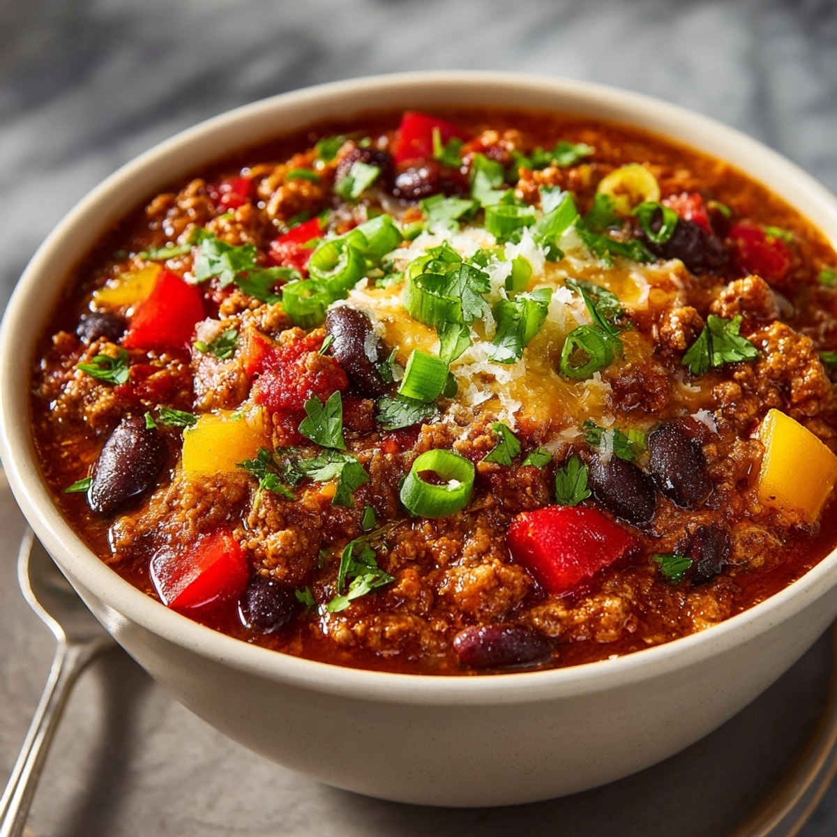 Simmering pot of homemade Turkey Chili with Pumpkin, ready for a cold day.