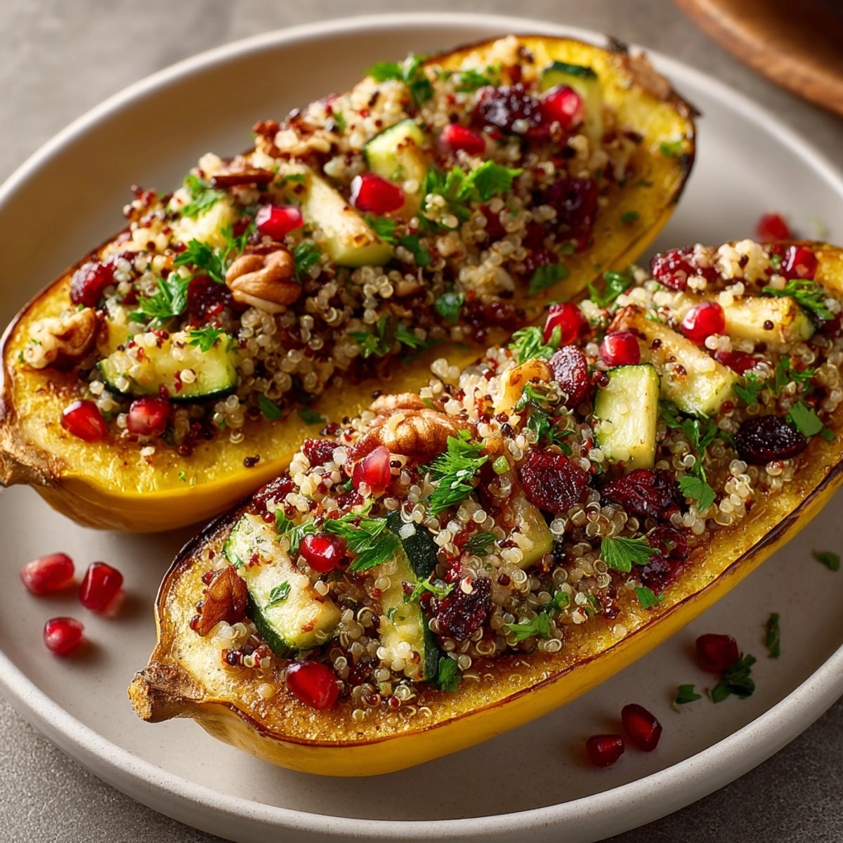 Golden-brown Quinoa-Stuffed Delicata Squash roasted until tender, a comforting vegan autumn dish.