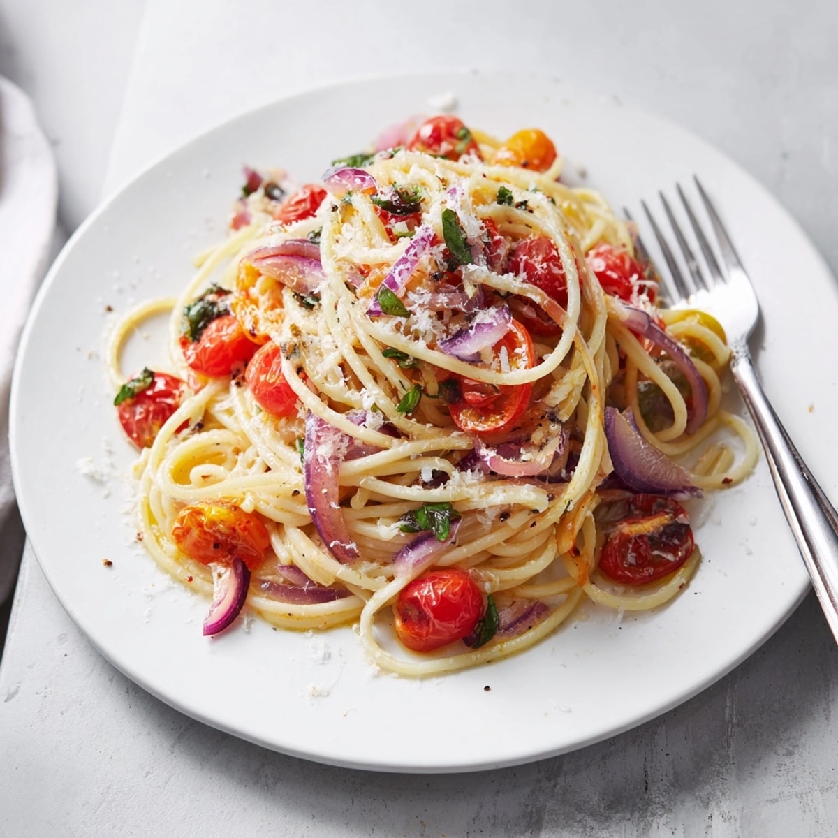 Delicious Cherry Tomato and Basil Pasta: Vibrant red tomatoes glisten, tossed with al dente pasta.