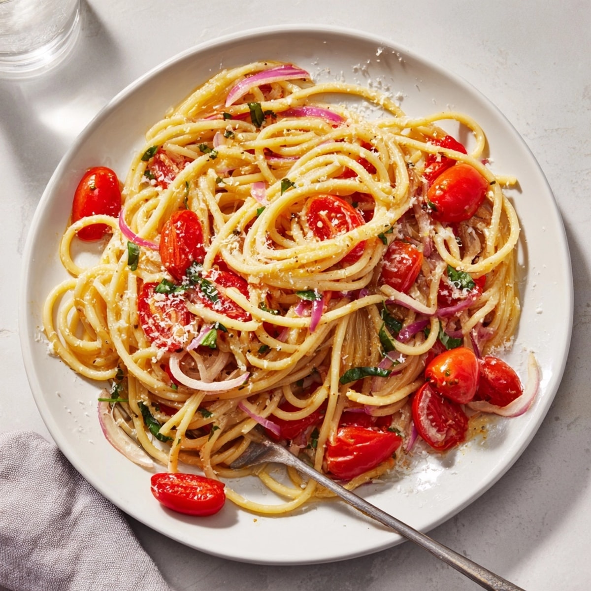 Close-up of Cherry Tomato and Basil Pasta, bursting with fresh, summery flavor, ready to serve.