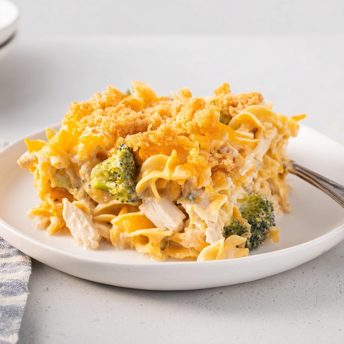 Golden-brown Broccoli Cheddar Chicken Noodle Casserole bubbling hot from the oven, ready to serve.