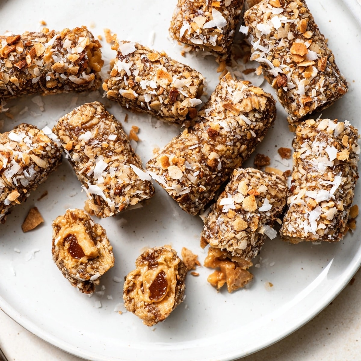 Golden Peanut Butter Cinnamon Date Rolls, bite-sized and ready to enjoy, simple dessert recipe.
