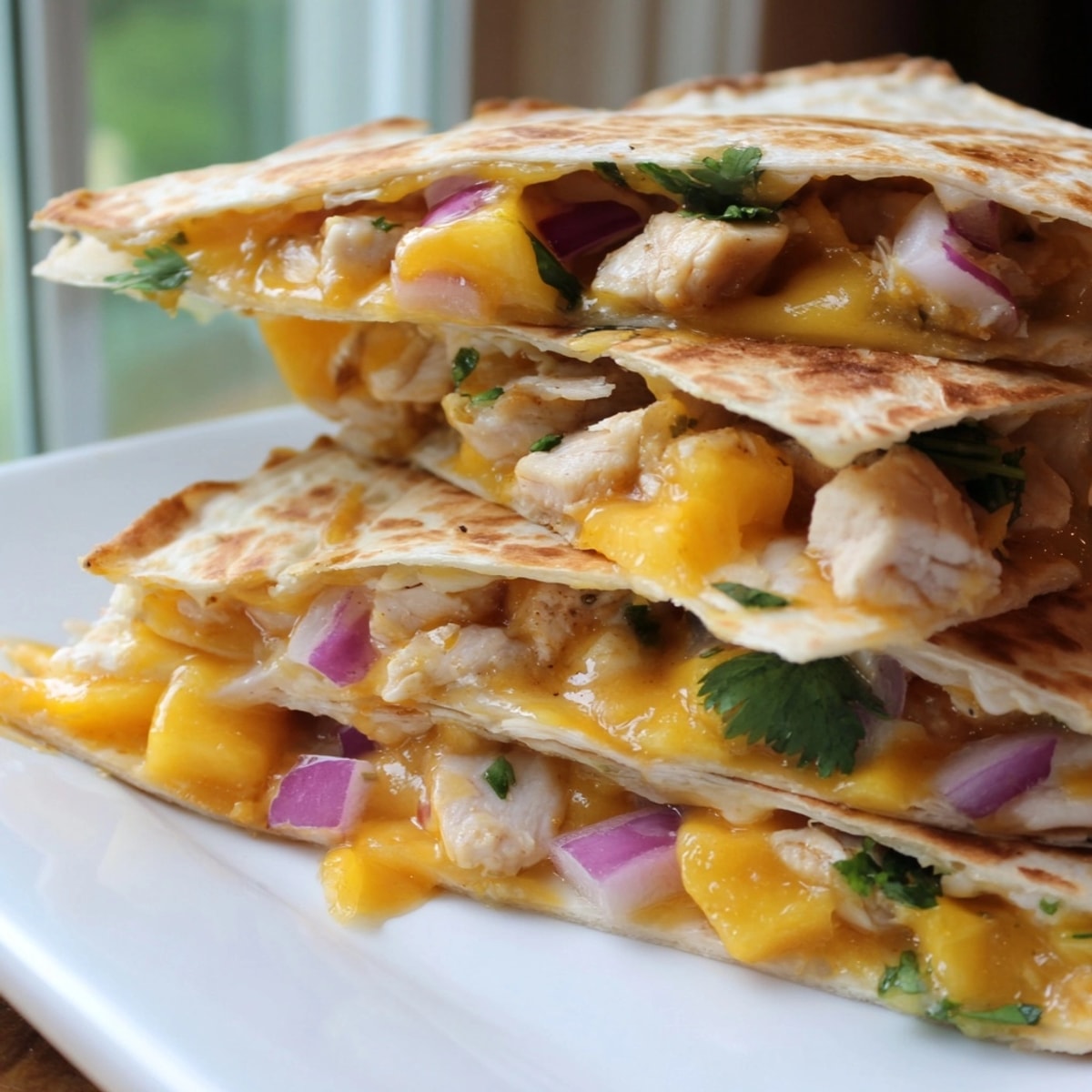 Spicy Mango Chipotle Chicken Quesadillas recipe; imagine savory chicken, sweet mango, crispy tortillas.