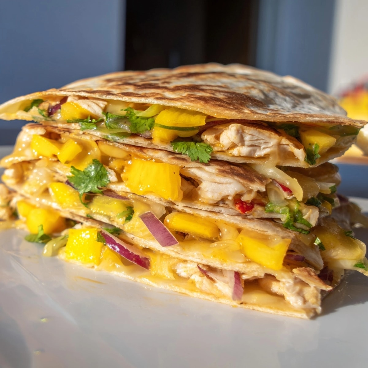 Close-up of sliced Mango Chipotle Chicken Quesadillas – a delicious, colorful, flavorful meal.