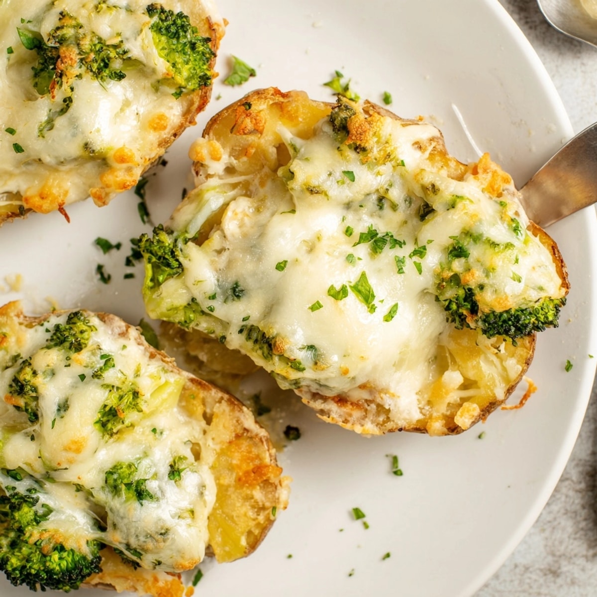 Golden Alfredo Broccoli Stuffed Potato Skins, oozing cheese, garnished with fresh parsley.