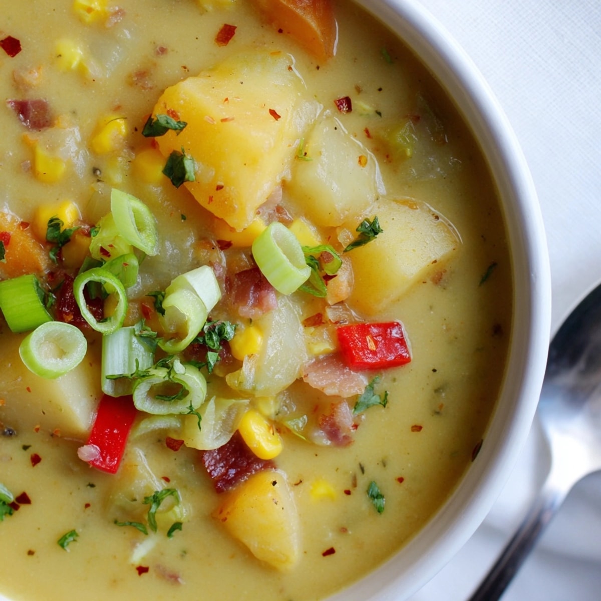 Creamy Cajun Sweet Corn Potato Chowder, speckled with green onions ready for a comforting dinner.