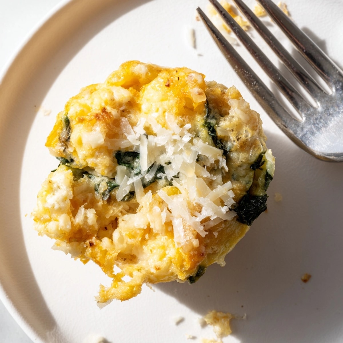 Close-up of baked Cheesy Ricotta Spinach Egg Muffins showing soft texture and melted cheese.