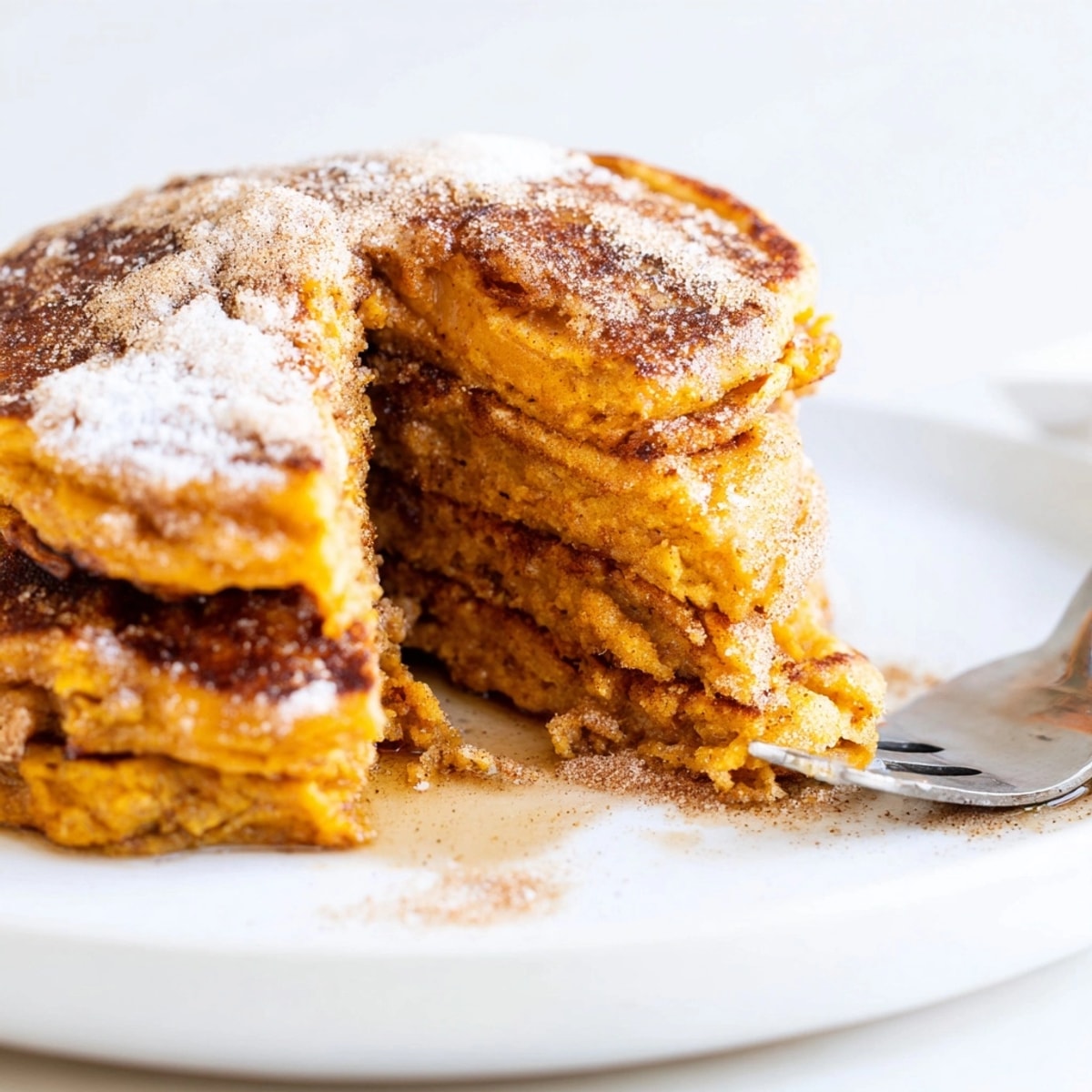 Close-up of delicious Cinnamon Sugar Sweet Potato Pancakes, showcasing a tender crumb.