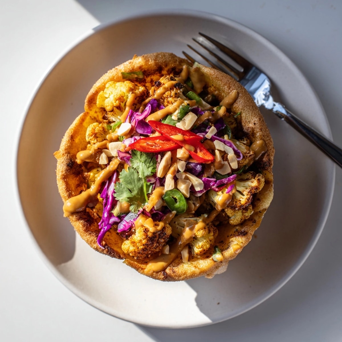 Crispy baked Thai Peanut Cauliflower Taco Cups, a delightful plant-based appetizer recipe.