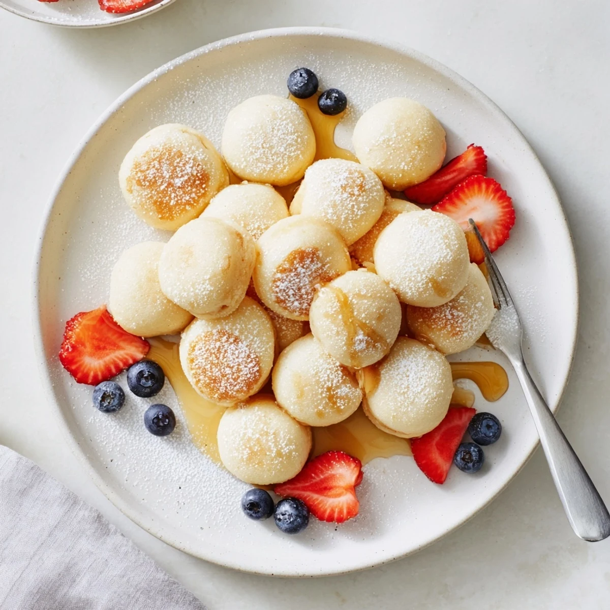 Deliciously chewy mochi pancake bites served warm with powdered sugar dusting.  