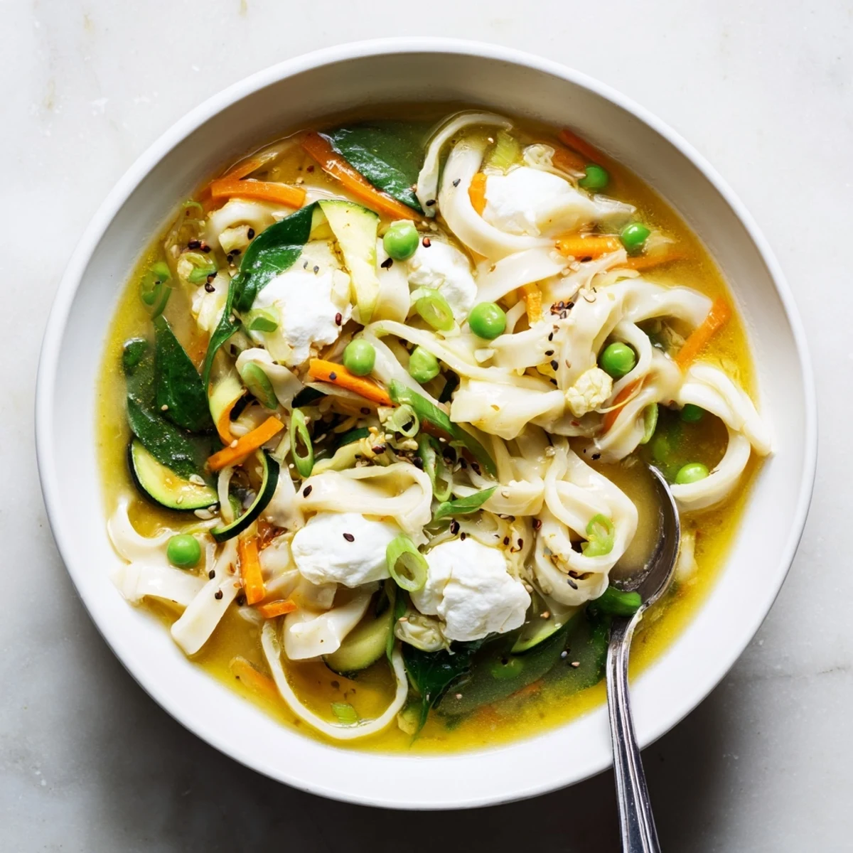 Comforting Sweet Soy Udon Lasagne Soup with vibrant vegetables and rich broth.  