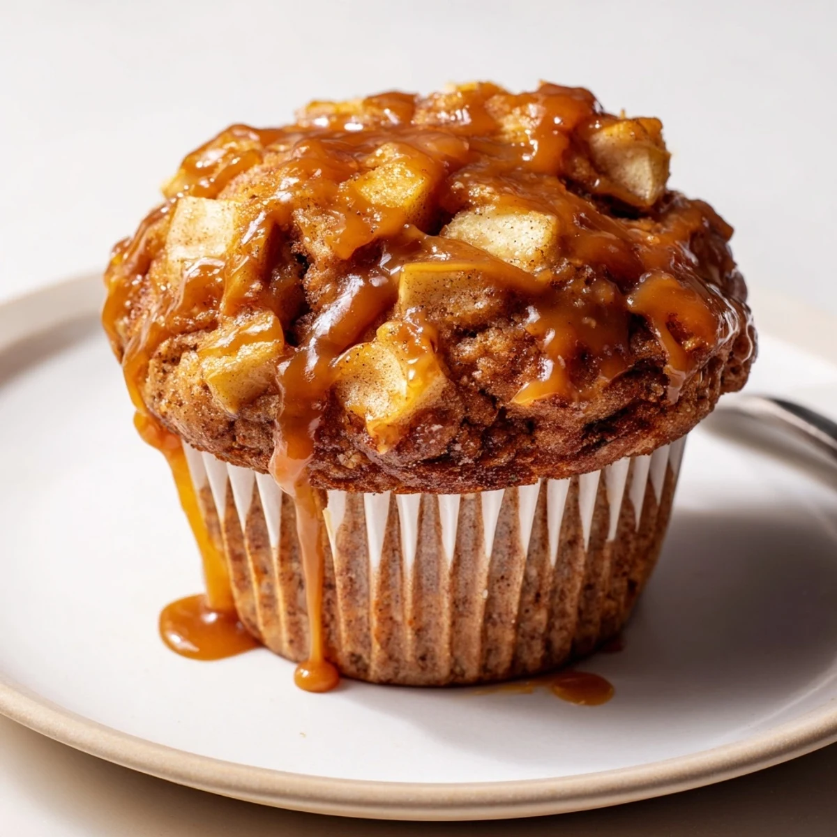 Tender caramel apple kringle muffins drizzled with rich caramel glaze ready to enjoy.  