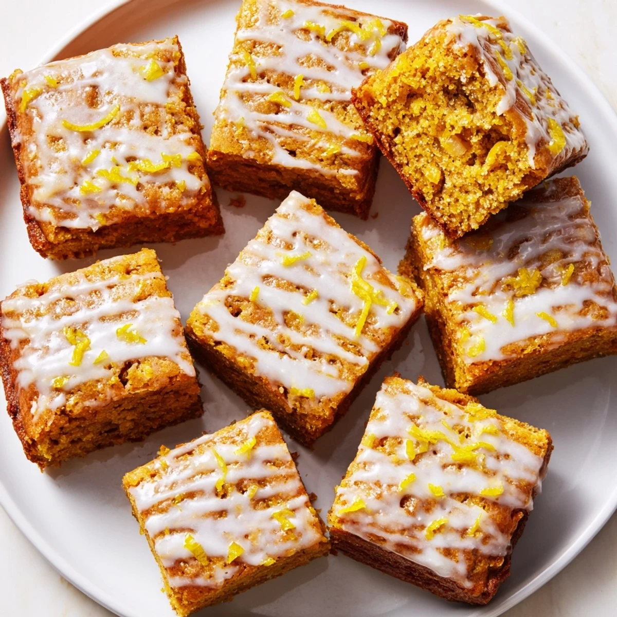 Deliciously spiced lemon ginger pumpkin cake squares showcasing vibrant colors and inviting textures.