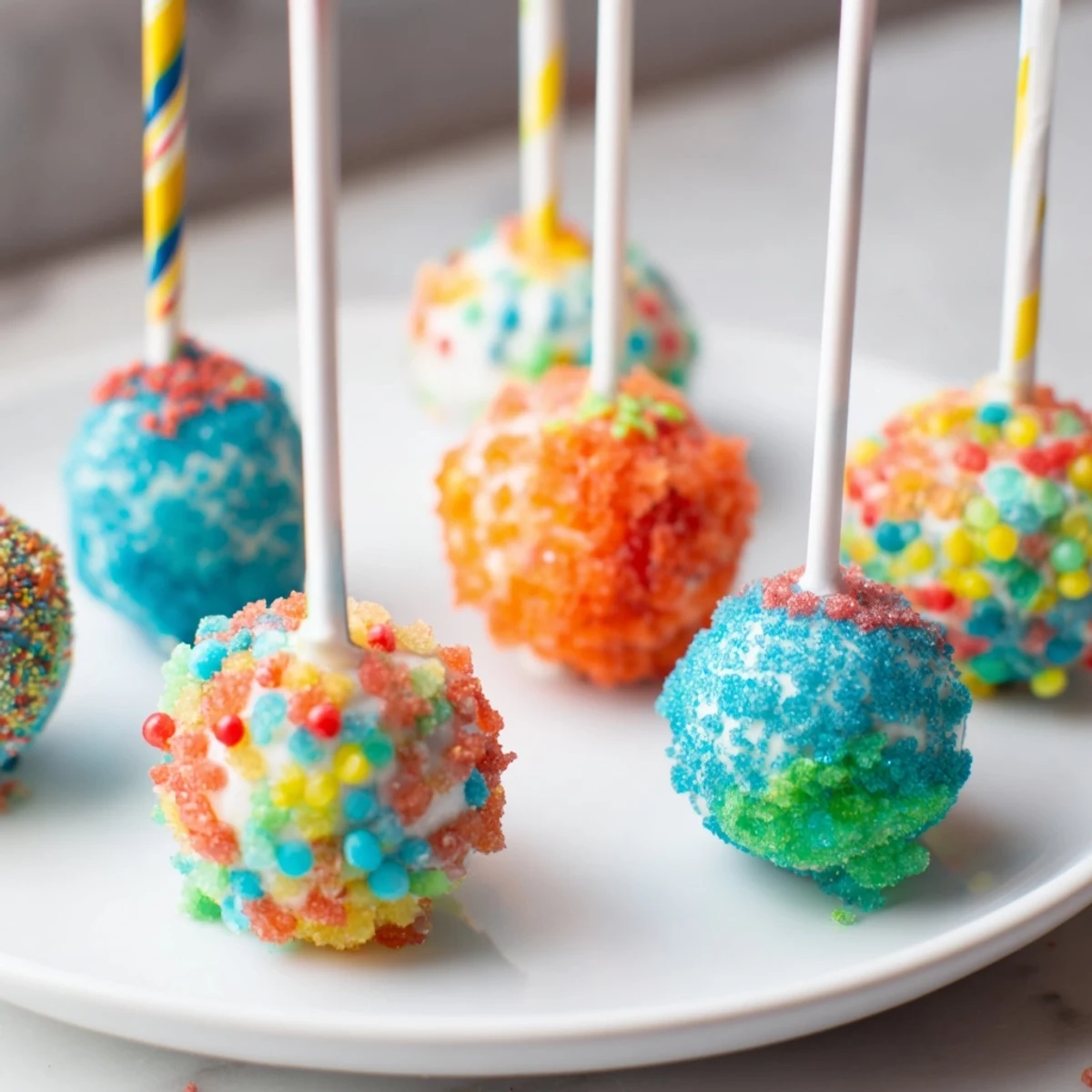 Classic Soda Candy Cake Pops adorned with vibrant sprinkles and a sugar glaze.  