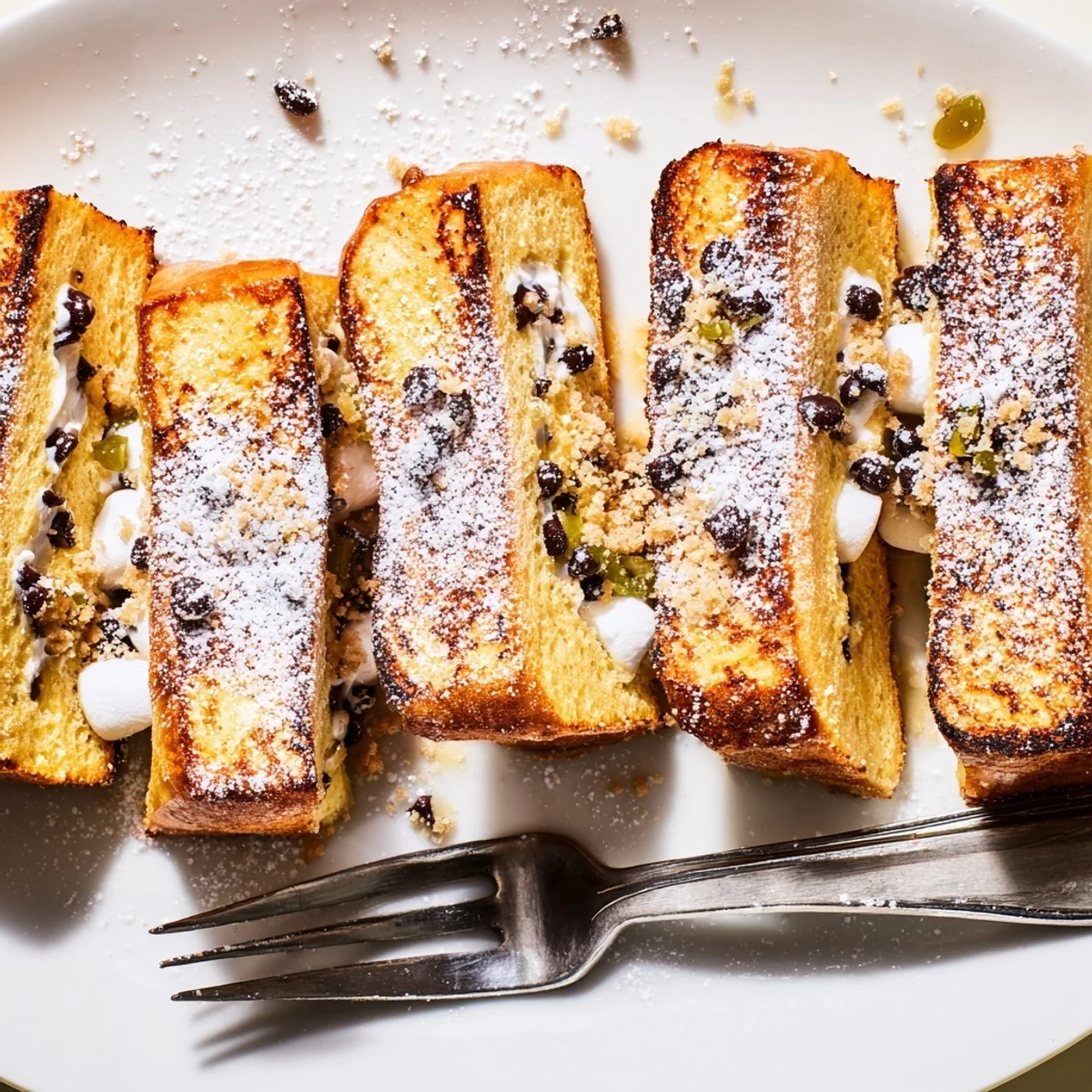 Golden-brown S’mores Pickle French Toast Sticks filled with chocolate and marshmallows.