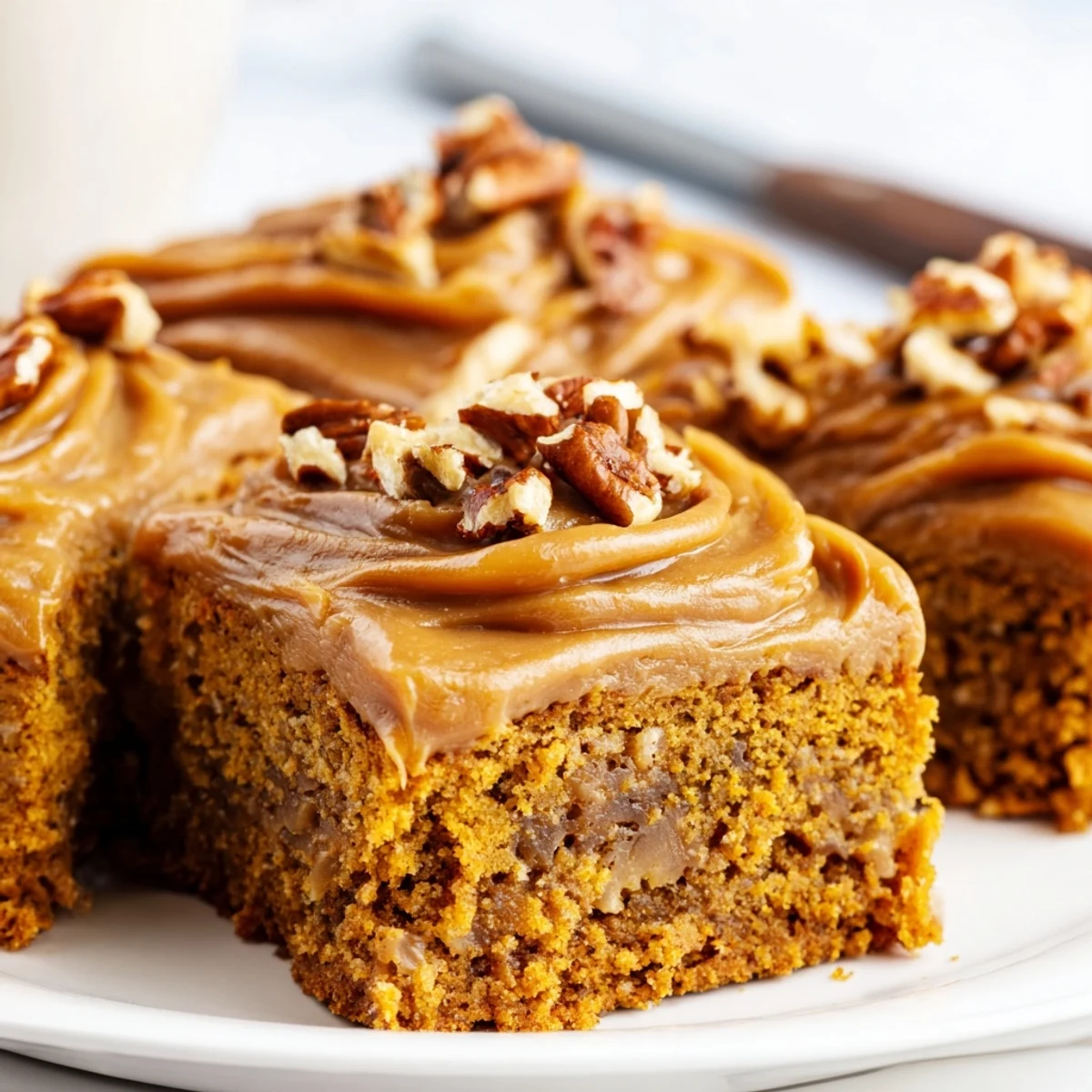 A delicious slice of Butterscotch Pecan Pumpkin Sheet Cake topped with rich frosting.   