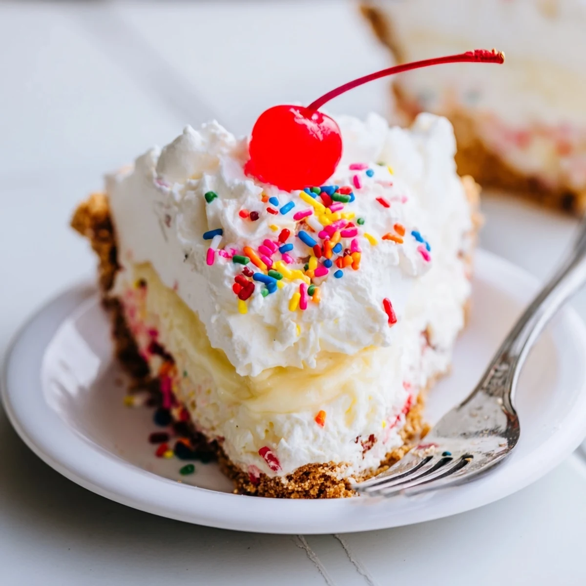 Decadent Monster Energy Soda Float Pie topped with whipped cream and maraschino cherries.  
