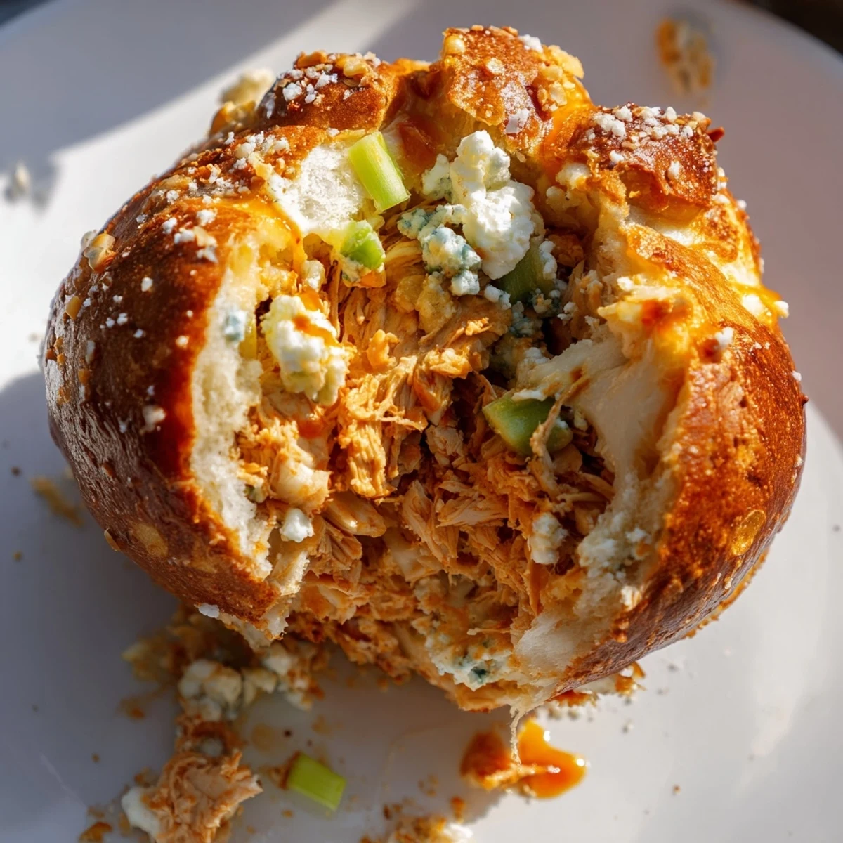 Crispy Chaos Buffalo Chicken Pretzel Balls with melted cheese and spicy filling.