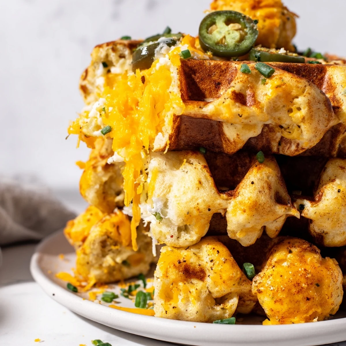 Juicy Spicy Ranch Monkey Bread Waffles served hot, drizzled with ranch sauce for flavor.  