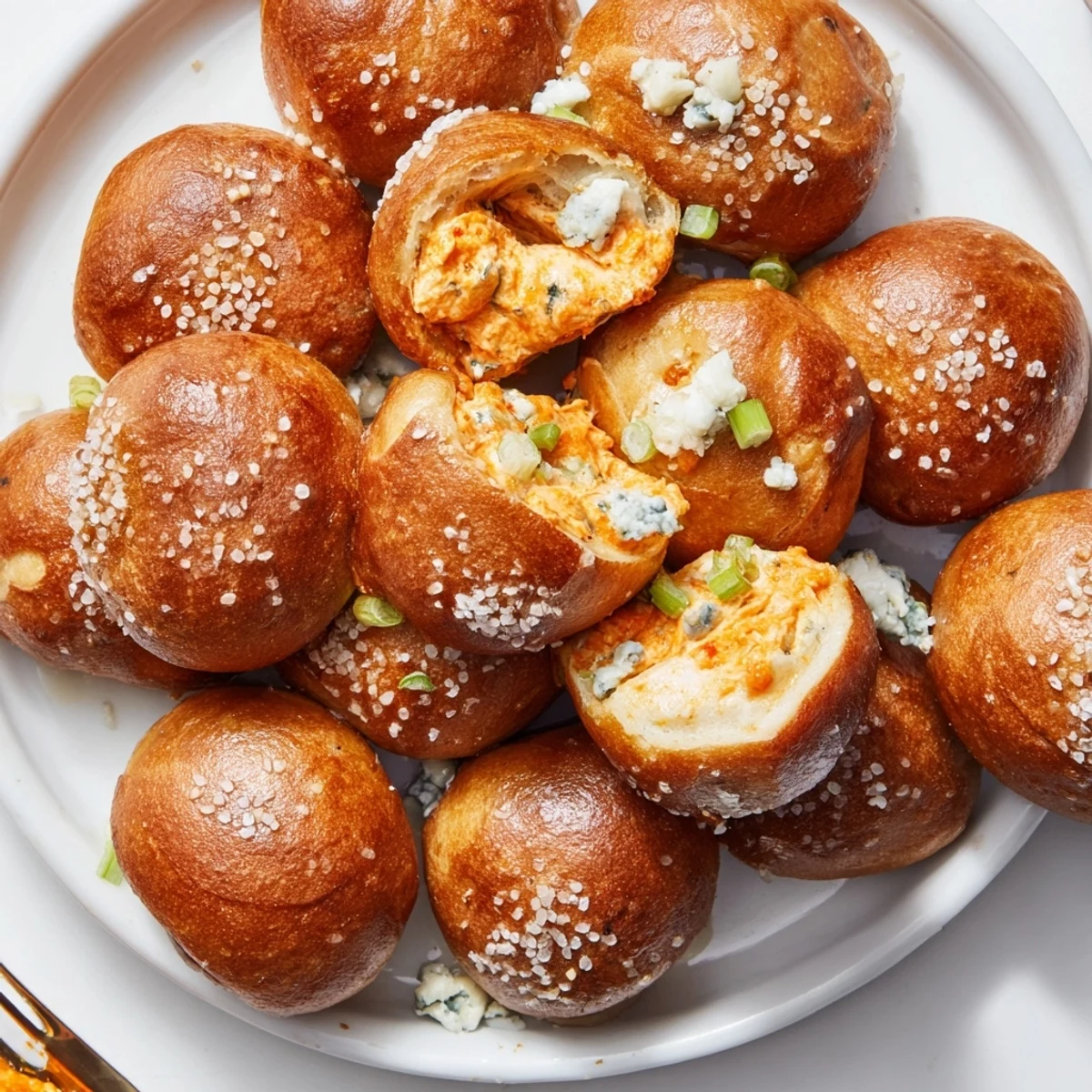 Golden pretzel balls bursting with spicy buffalo chicken and melted cheese for snacking fun.  