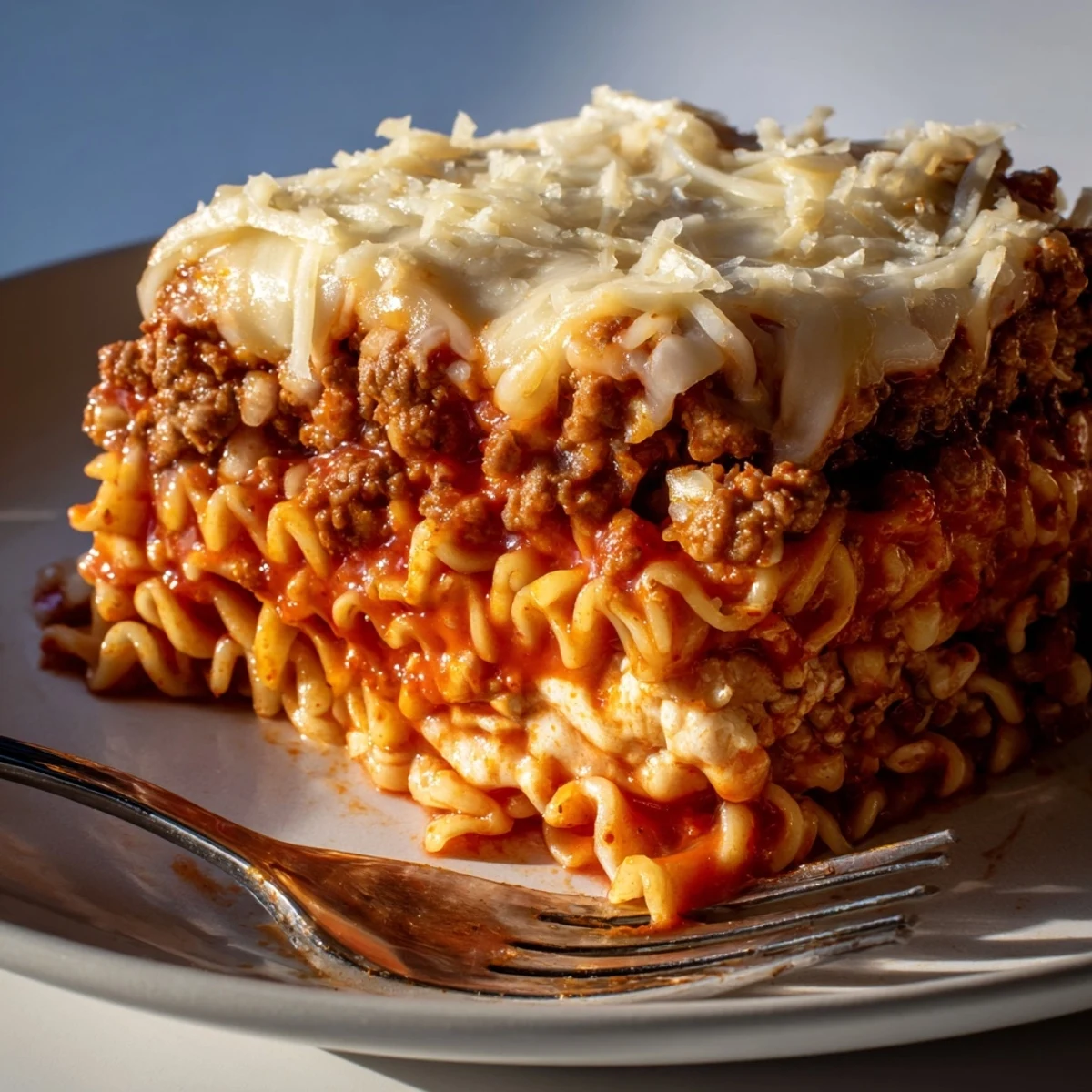 A mouthwatering Spicy Ramen Lasagna with rich meat sauce and creamy cheese topping.  