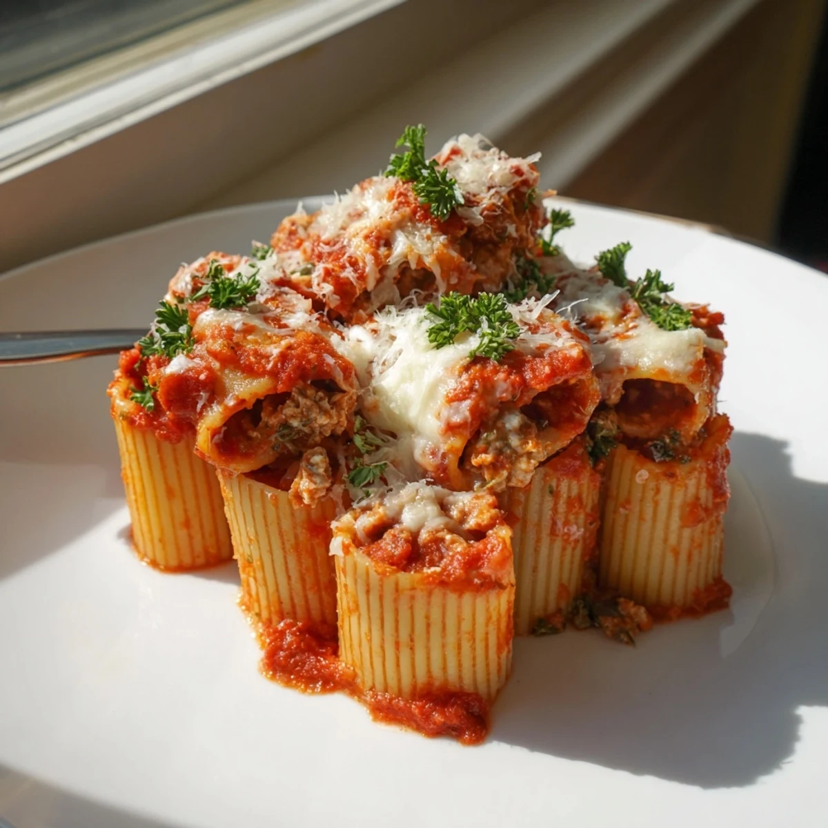 A delicious honeycomb pasta cake filled with creamy ricotta and rich tomato sauce.  