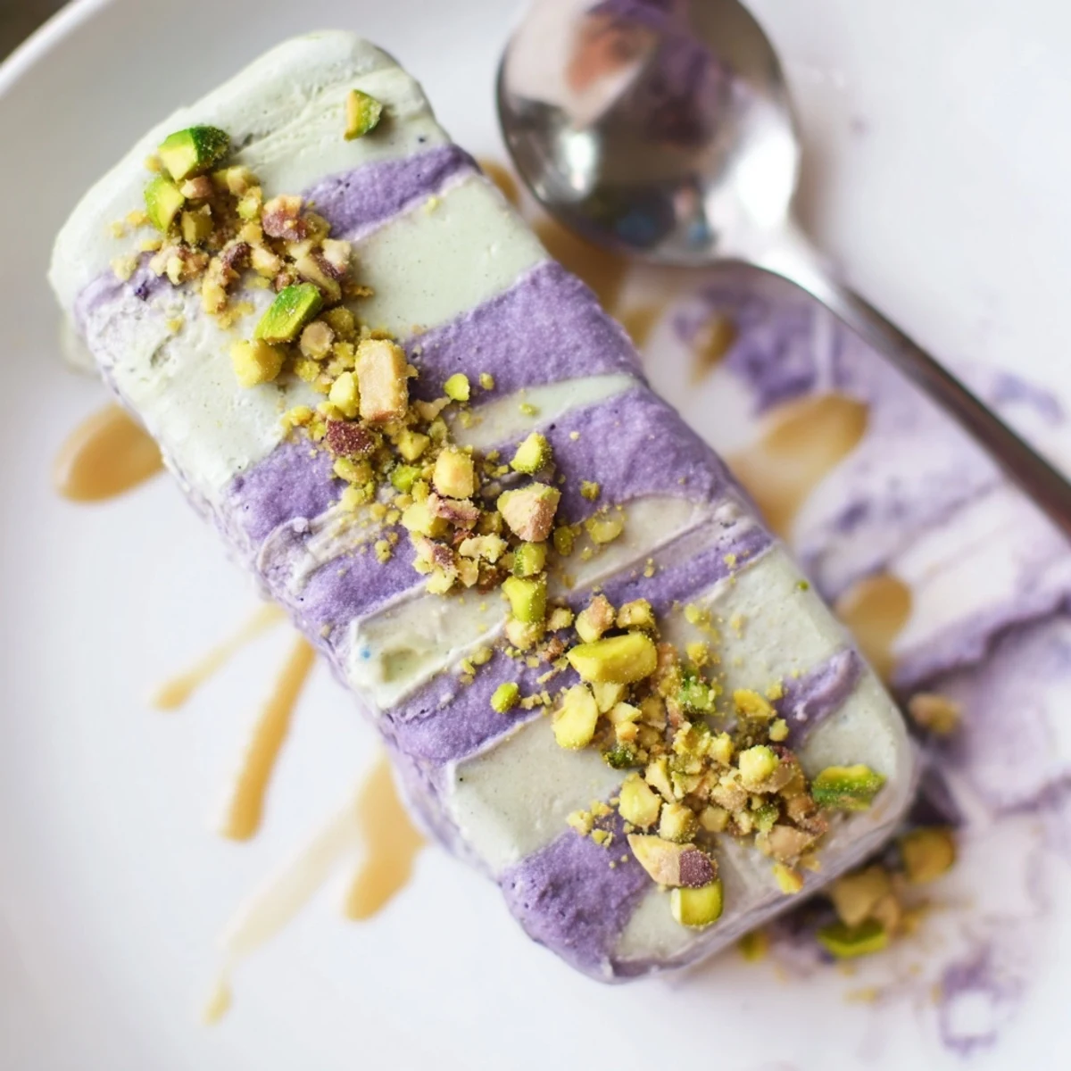 Creamy Ube & Pistachio Ice Cream Bars with vibrant layers of purple and green.  