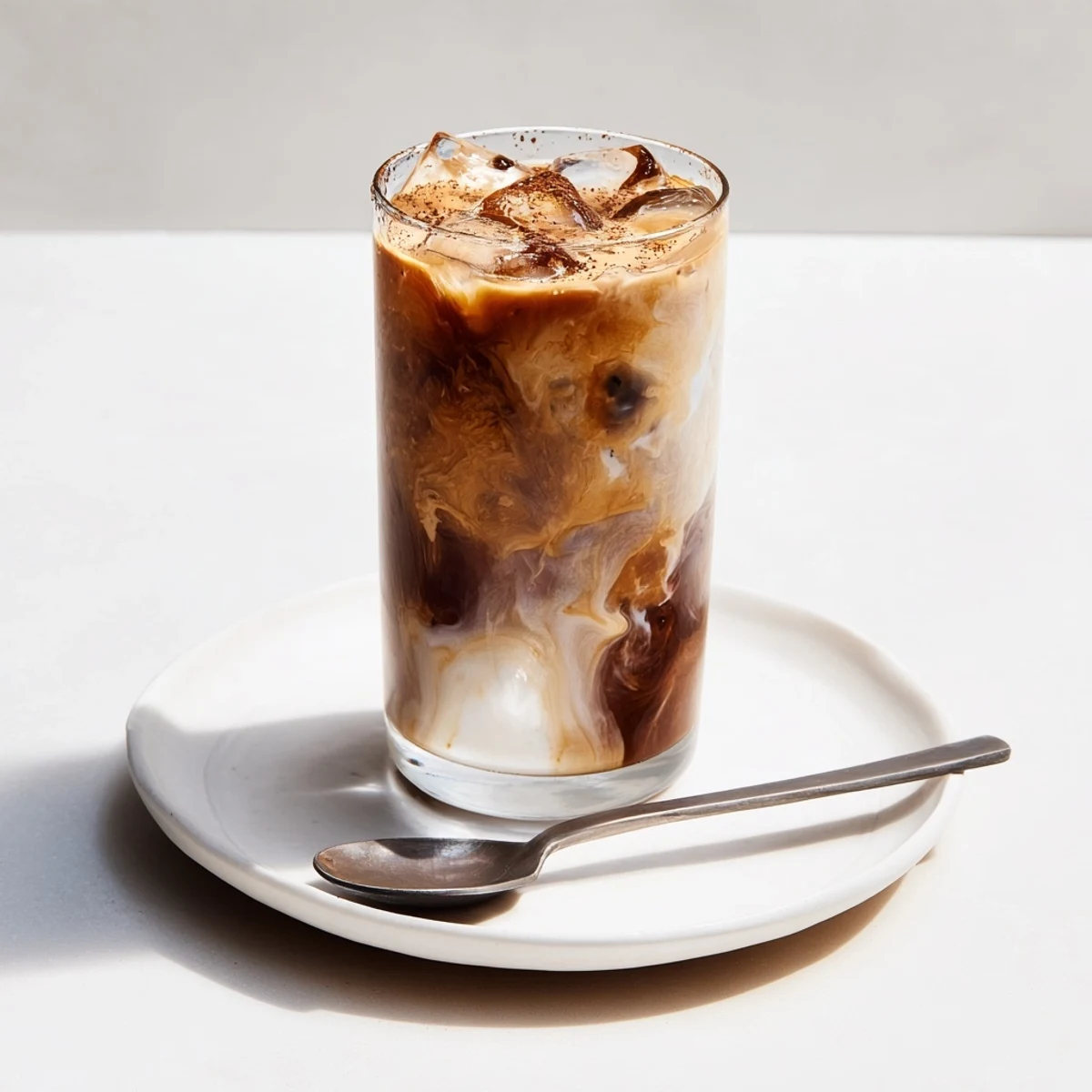 Creamy tahini iced coffee topped with plant-based milk and ice cubes.  