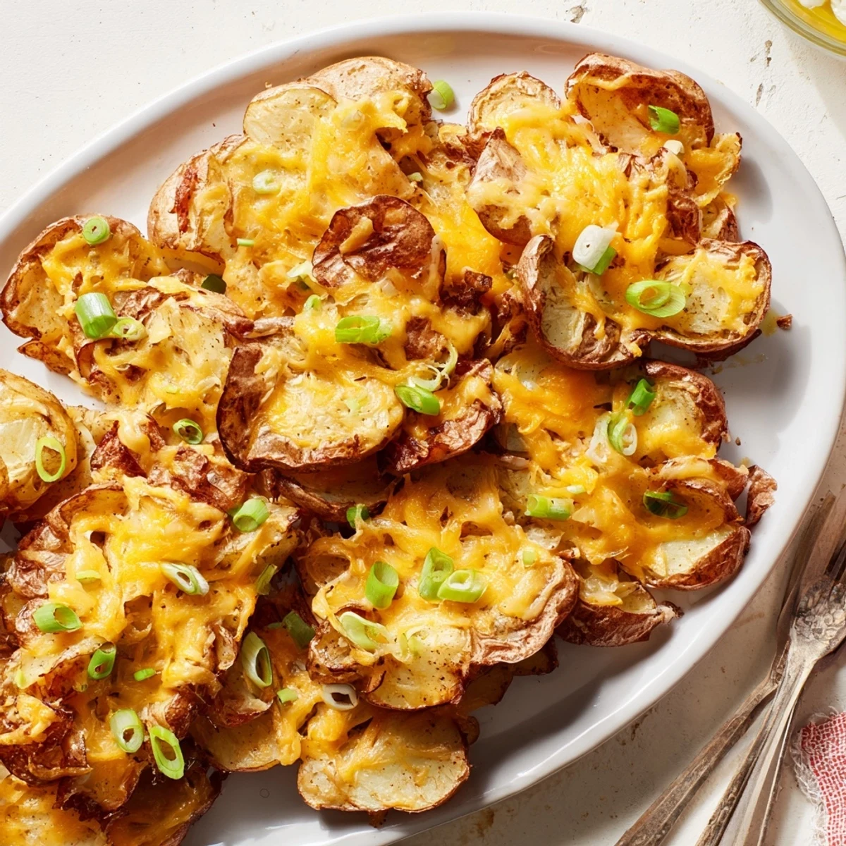 Crispy Smashed Green Onion Potato Bombs topped with melted cheese and fresh herbs.  