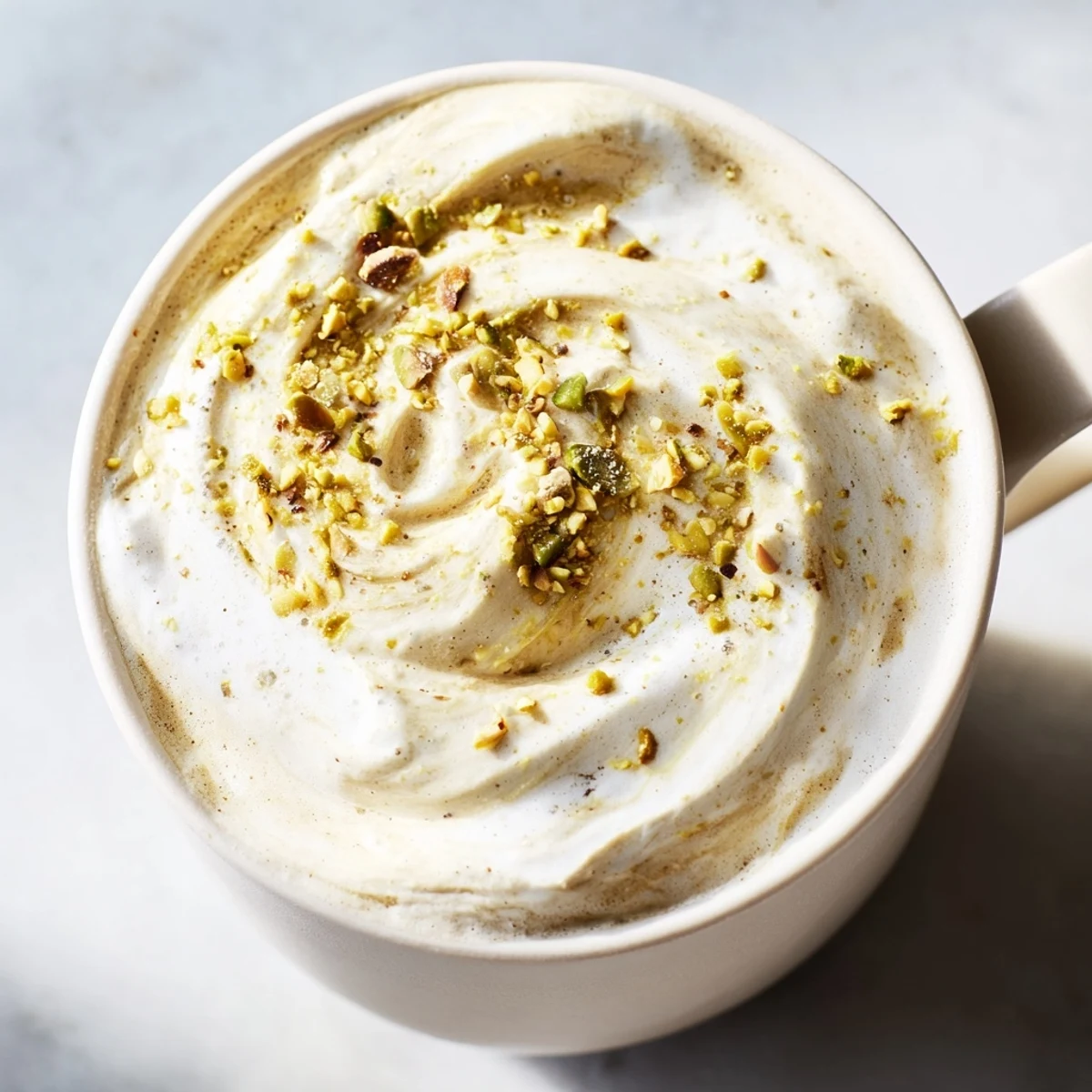 Creamy pistachio milk latte topped with crushed nuts for a delightful taste experience.  