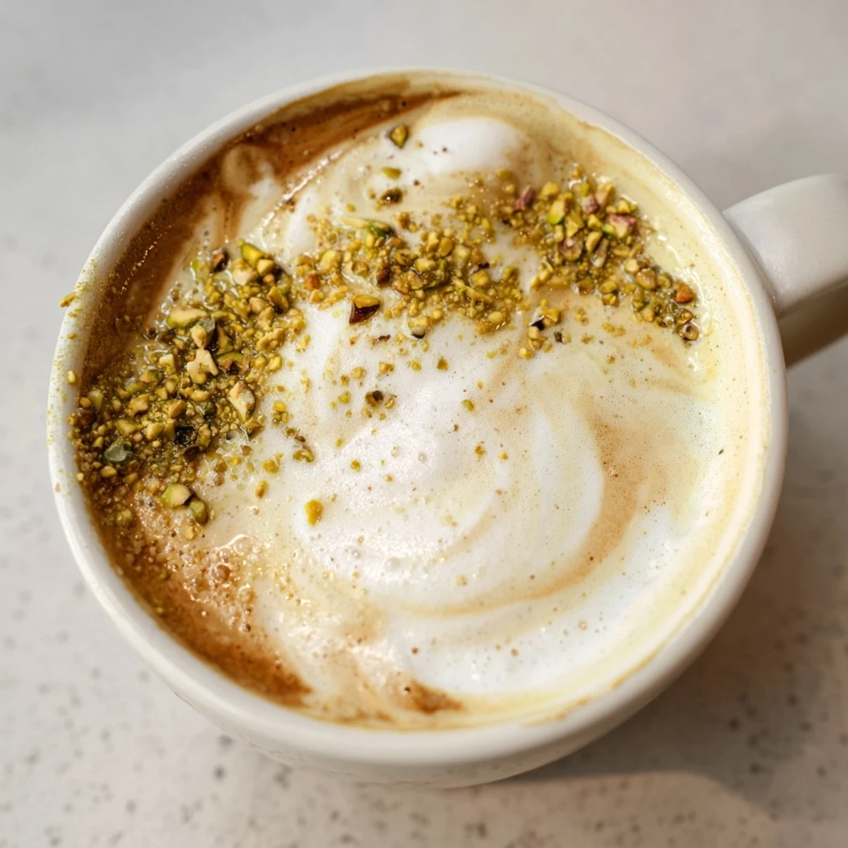 Homemade pistachio milk latte garnished with crunchy pistachios, ideal for a cozy afternoon.