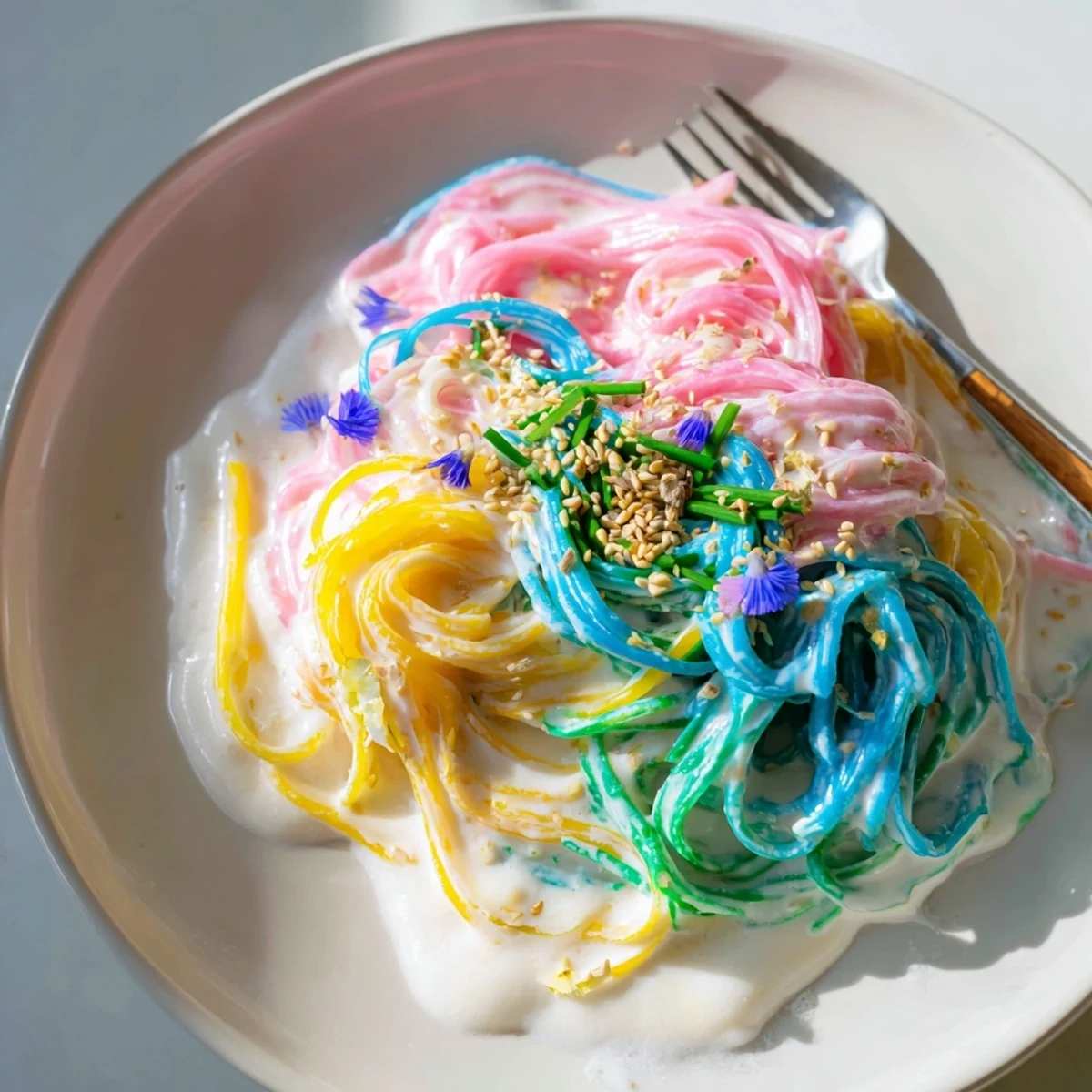 Colorful Neon Noodle Cloud drenched in creamy sauce, garnished with fresh scallions.  